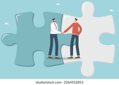 Collaboration, cooperation or partnership and agreement to help business success, business merger or acquisition, end of negotiations, success, businessmen complete a deal and shake hands in a puzzle.