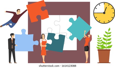 Collaboration, cooperation, partnership, mutual assistance. A group of people, mini characters assemble a puzzle. Vector illustration. Vector.