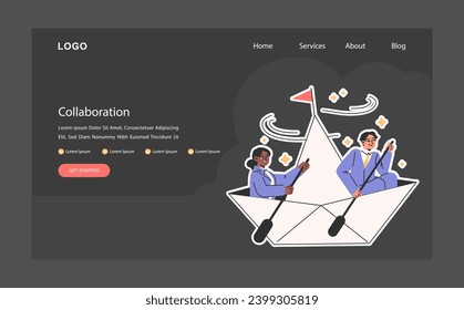 Collaboration dark or night mode web, landing. Two professionals navigate a paper boat. Joint venture. Coordination for additional business development. Successful coworking. Flat vector illustration