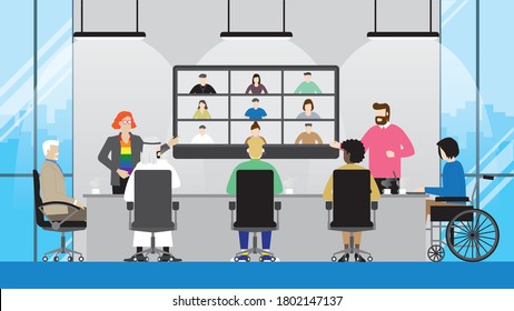 Colaboración de la diversidad de habilidades multiculturales videoconferencia en sala de reuniones de oficina. LGBT, transgénero, gay, musulmán, discapacitado, diferentes edades, nacionalidades, géneros. Concepto de igualdad.