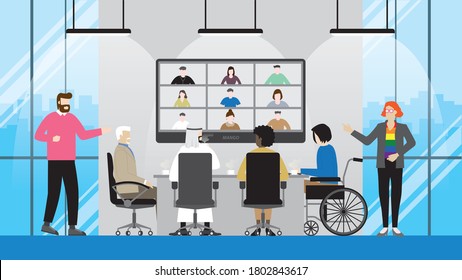 Collaboration of diversity multicultural skill people video conference in office meeting room. LGBT, transgender, Gay, Muslim, Handicapped, Different ages, Nationalities, Genres. Equality concept .