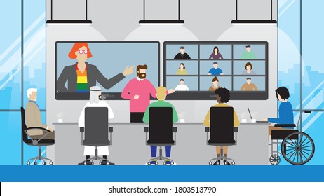 Collaboration of diversity multicultural skill people video conference in office meeting room. LGBT, transgender, Gay, Muslim, Handicapped, Different ages, Nationalities, Genres. Equality concept .