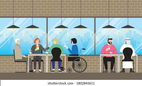 Collaboration of diversity people in coffee cafe. LGBT, transgender, Gay, Muslim, Handicapped, Different ages, Nationalities, Genres. Relax, Friendship and Happiness. Equality concept.