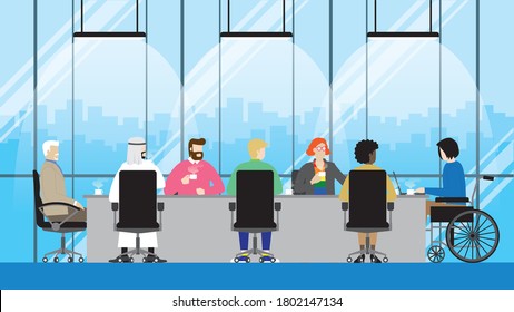 Collaboration Of Diversity People In  Office Meeting Room. LGBT, Transgender, Gay, Muslim, Handicapped, Black Lady, Different Ages, Nationalities, Genres. Equality Concept In Workplace.