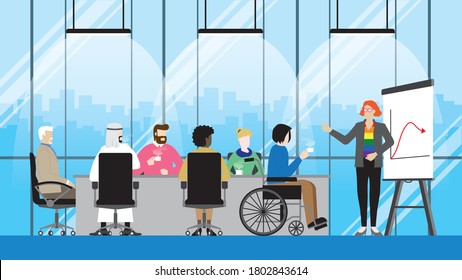 Collaboration of diversity people in  office meeting room. LGBT, transgender, Gay, Muslim, Handicapped, Black lady, Different ages, Nationalities, Genres. Equality concept in workplace.