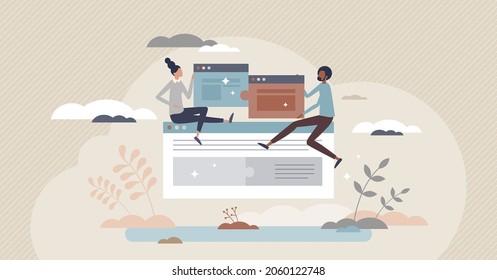 Collaboration and effective distant, online teamwork task tiny person concept. Colleague unity and partnership power using common solution vector illustration. High productivity with work partners.