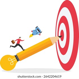 Collaboration of employees with artificial intelligence or AI, Technology and business development, Team goal setting, Business team and robot holding flag running on pencil towards goal. Vector. stoc