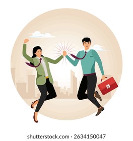 Collaboration or encouragement concept. Team success winners. Happy businessman and woman teamwork coworkers jumping and hi five clapping hands.