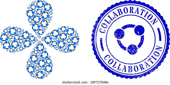Collaboration exploding twist, and blue round COLLABORATION textured rubber print with icon inside. Object flower with 4 petals combined from oriented collaboration items.