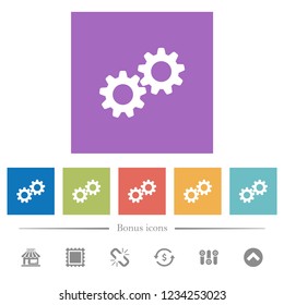 Collaboration flat white icons in square backgrounds. 6 bonus icons included.