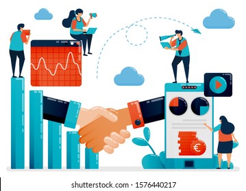Collaboration to get return on profit and opportunities. Bar chart and diagram. Mobile financial chart. Business analysis. Flat vector human illustration for landing page, website, mobile, poster