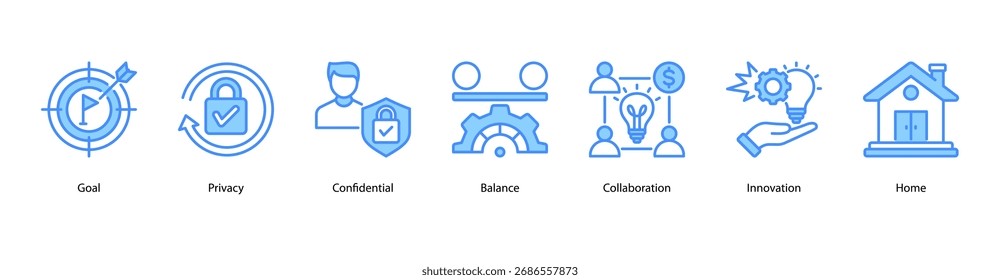 Ilustración vectorial de íconos de Anuncio de Web que presenta Objetivo, Privacidad, Confidencialidad, Equilibrio, Colaboración, Innovación y Hogar.