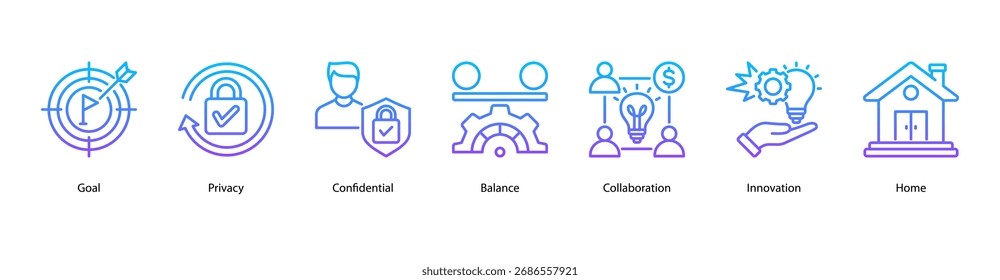 Collaboration Goals web banner icon vector illustration featuring Goal, Privacy, Confidential, Balance, Collaboration, Innovation, and Home.