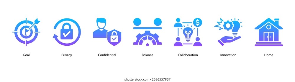 Collaboration Goals web banner icon vector illustration featuring Goal, Privacy, Confidential, Balance, Collaboration, Innovation, and Home.