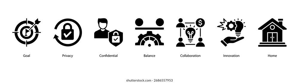 Ilustración vectorial de íconos de Anuncio de Web que presenta Objetivo, Privacidad, Confidencialidad, Equilibrio, Colaboración, Innovación y Hogar.