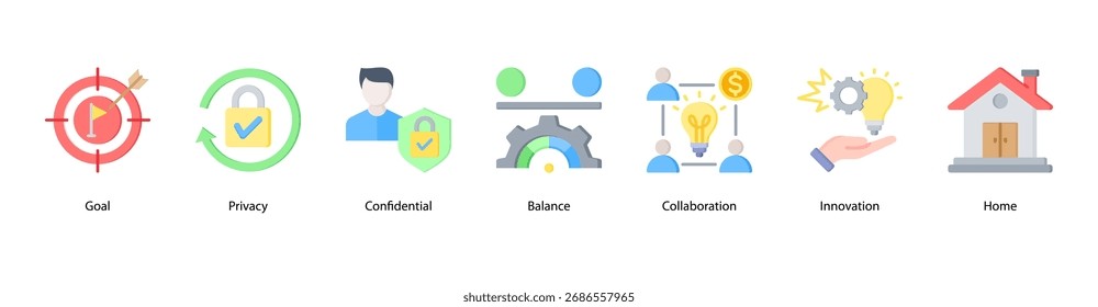 Ilustración vectorial de íconos de Anuncio de Web que presenta Objetivo, Privacidad, Confidencialidad, Equilibrio, Colaboración, Innovación y Hogar.