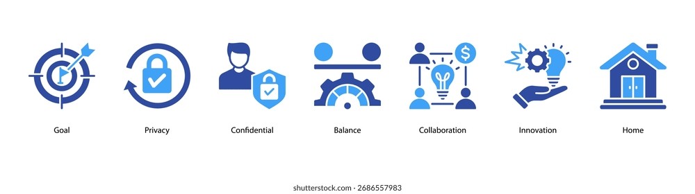 Collaboration Goals web banner icon vector illustration featuring Goal, Privacy, Confidential, Balance, Collaboration, Innovation, and Home.