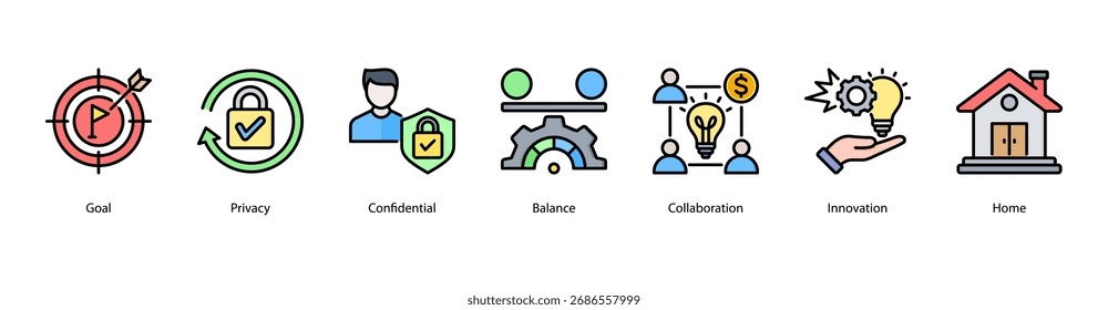 Ícone de banner da web das Metas de colaboração ilustração com Goal, Privacy, Confidential, Balance, Collaboration, Innovation e Home.