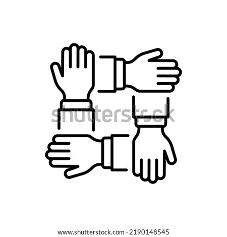 Collaboration Group Team Job Linear Pictogram. Company Participation Line Icon. Teamwork Alliance Partnership Help Together Hand Outline Icon. Editable Stroke. Isolated Vector Illustration.
