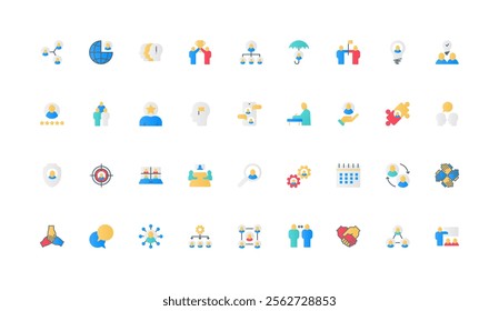 Collaboration in group and teamwork, corporate company organization, managers unity color icon set. Partnership and friendship support, alliance mechanism and meeting flat elements vector illustration