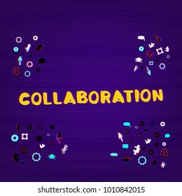 Collaboration handwritten phrase. Trendy cover with gears and puzzles shapes. Template for graphic design -banner, poster, flyer, brochure, card. Vector illustration.