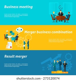 Collaboration horizontal banner set with merger business meeting elements isolated vector illustration