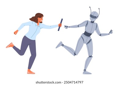 Collaboration human and robot working together towards goal to achieve success in business. Female manager uses robot with artificial intelligence to increase efficiency of own work.