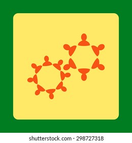 Collaboration icon from Commerce Buttons OverColor Set. Vector style is orange and yellow colors, flat square rounded button, green background.