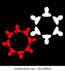 Collaboration icon from Commerce Set. Vector style: bicolor flat symbol, red and white colors, rounded angles, black background.
