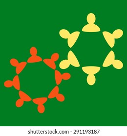 Collaboration icon from Commerce Set. Vector style: bicolor flat symbol, orange and yellow colors, rounded angles, green background.