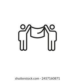 Collaboration Icon. Illustrates two individuals holding a flag together, representing teamwork, partnership, collective effort. Ideal for use in contexts emphasize collaboration. Vector illustration