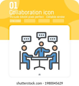 Icono de colaboración con un estilo de color lineal aislado en fondo blanco. Ilustración de vectores planificación estratégica de negocio, elemento de reunión símbolo de signo de negocio que puede editar fácilmente el trazo
