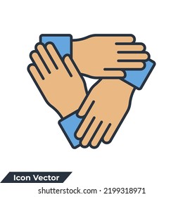 collaboration icon logo vector illustration. three hands support each other symbol template for graphic and web design collection