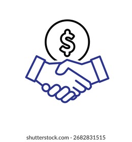 Collaboration icon. Management. Shaking hands and a dollar sign above. Office, solutions, analysis. outline design style.