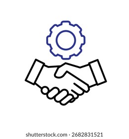 Icono de colaboración. Gestión. Dándose la mano con engranajes arriba. Oficina, soluciones, análisis. estilo de diseño de contorno.