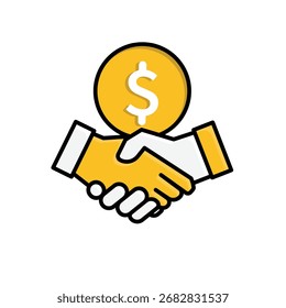 Collaboration icon. Management. Shaking hands and a dollar sign above. Office, solutions, analysis. Isometric design style.
