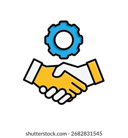 Ícone Colaboração. Gestão. Mãos apertadas com engrenagens acima. Escritório, soluções, análise. Estilo isométrico de projeto.