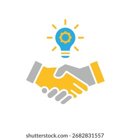 Icono de colaboración. Gestión. Dándose la mano y una luz arriba. Oficina, solución, análisis. estilo de diseño plano.