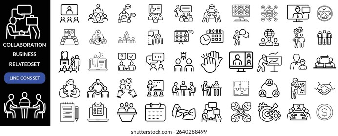 Collaboration icon set. Business related line icons teamwork, meeting, partnership, work group, business people, conference, presentation and more. Editable stroke. Vector illustration design 