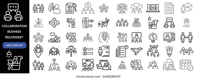 Collaboration icon set. Business related line icons teamwork, meeting, partnership, work group, business people, conference, presentation and more. Editable stroke. Vector illustration design 