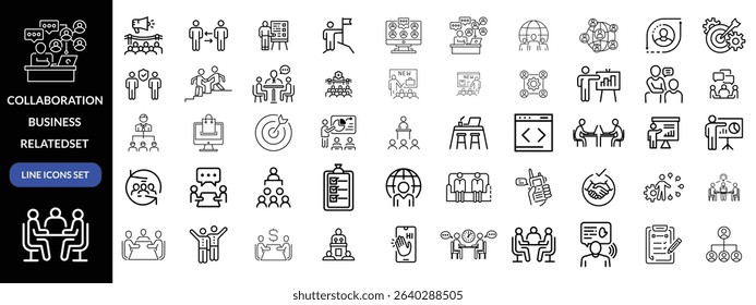 Collaboration icon set. Business related line icons teamwork, meeting, partnership, work group, business people, conference, presentation and more. Editable stroke. Vector illustration design 