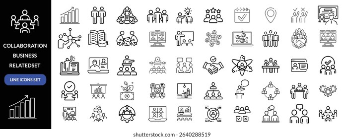 Collaboration icon set. Business related line icons teamwork, meeting, partnership, work group, business people, conference, presentation and more. Editable stroke. Vector illustration design 