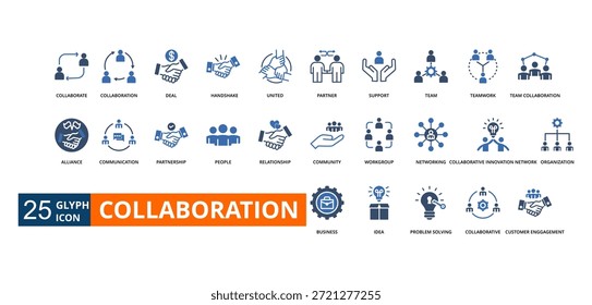 ícone de colaboração definido com colaboração, colaboração, negociação, handshake, unido,
parceiro, suporte, equipe, trabalho em equipe, colaboração em equipe, aliança, comunicação,
parceria, pessoas, relacionamento, grupo de trabalho, rede, rede de inovação colaborativa, organização, negócios, ideia, solução de problemas, colaboração, envolvimento com o cliente