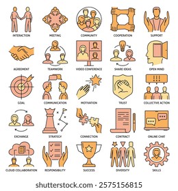 Collaboration icon set in colored line style. Vector illustration with editable line.