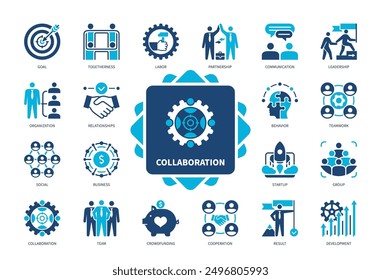 Collaboration icon set. Goal, Togetherness, Communication, Team, Crowdfunding, Cooperation, Social, Result. Duotone color solid icons