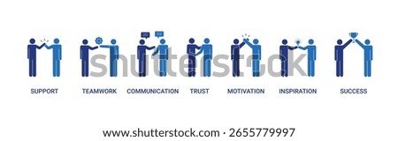 Collaboration icon set with support, teamwork, communication, trust, motivation, inspiration, success concept illustration