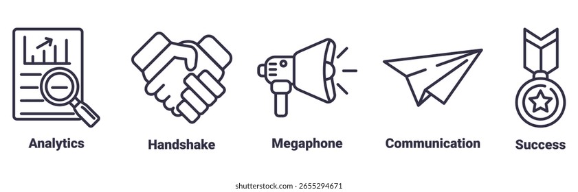 Concepto de Ilustración vectorial del conjunto del icono de la colaboración con el icono de la analítica, apretón de manos, megáfono, comunicación, éxito