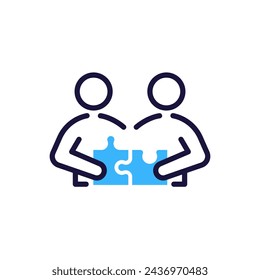 Collaboration icon with two people fitting puzzle pieces together. Vector illustration symbol for teamwork, partnership, problem solution, creativity and joint solution concept