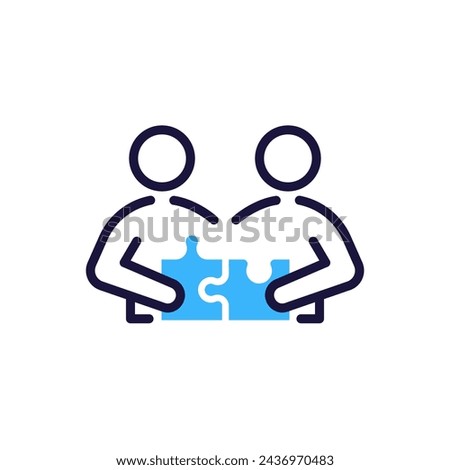 Collaboration icon with two people fitting puzzle pieces together. Vector illustration symbol for teamwork, partnership, problem solution, creativity and joint solution concept