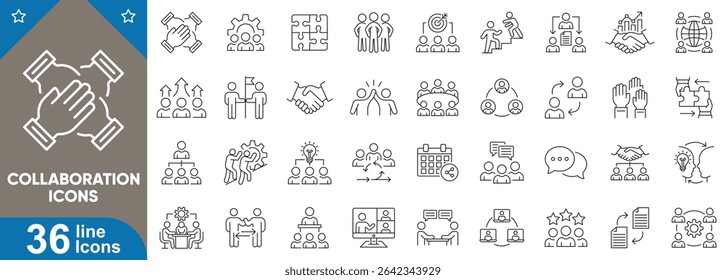 Collaboration icons set. 36 editable stroke line icons representing partnership, communication, remote work, idea sharing, project management, group support, team and more. Vector illustration